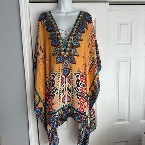 Embroidered Lace-Up Yellow Boho Swim Coverup